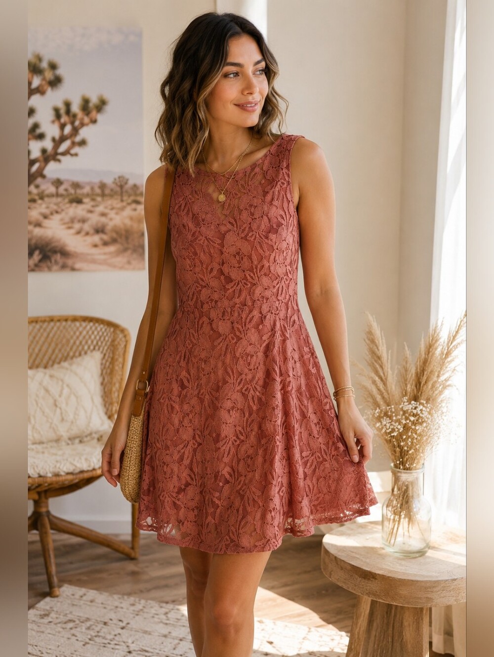 Free People Lace Fit & Flare Dress Women's Medium Dusty Pink Sleeveless Boho